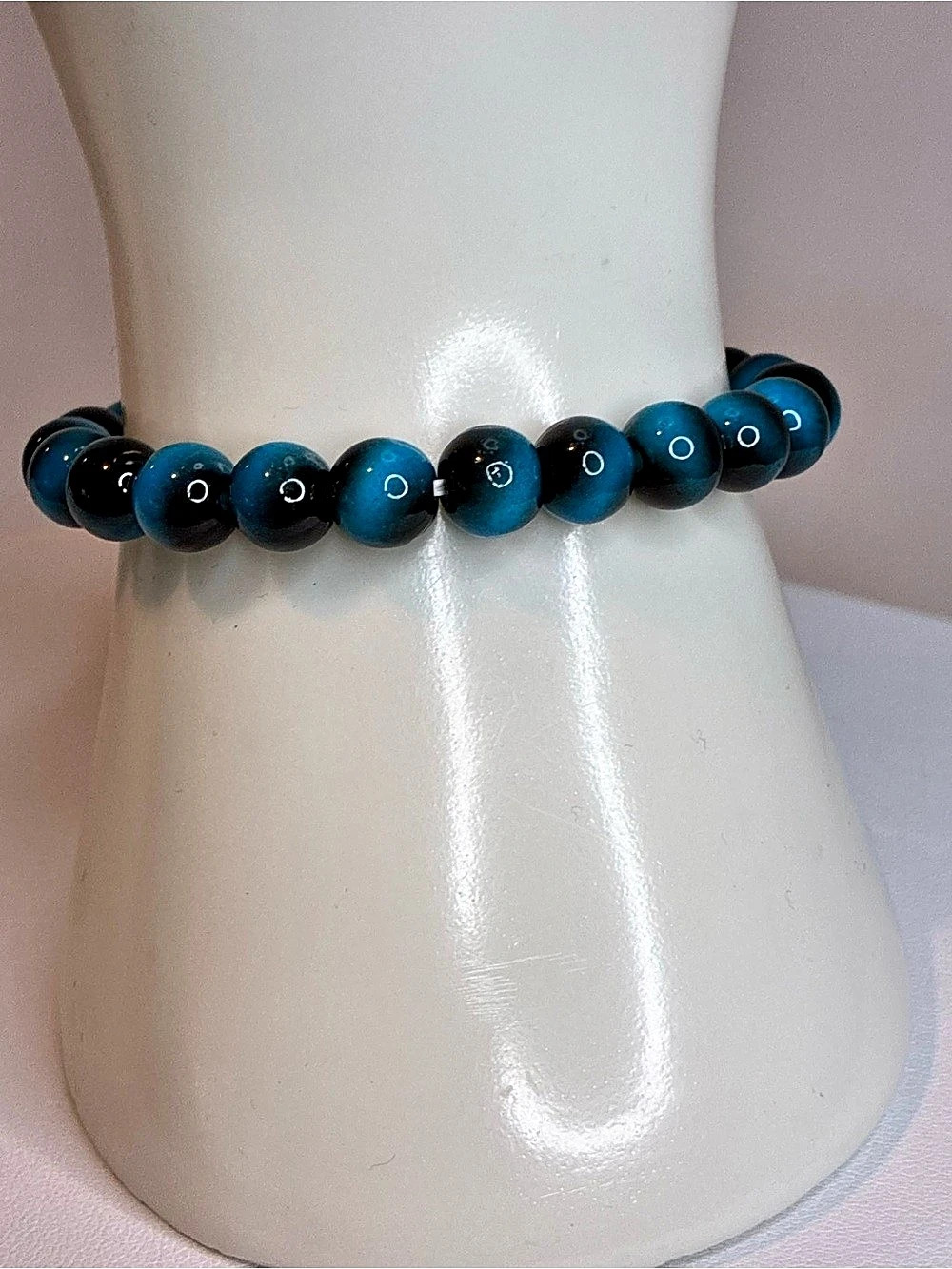 Tiger's Eye Gemstone Round Blue & Black Beaded Bracelet